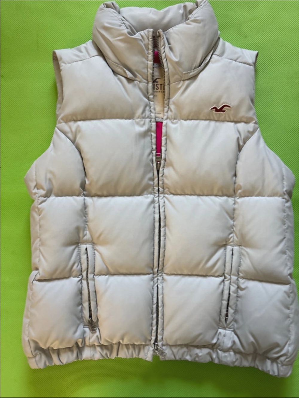 Vintage Hollister Light Gray Puffer Vest with Pink Accent